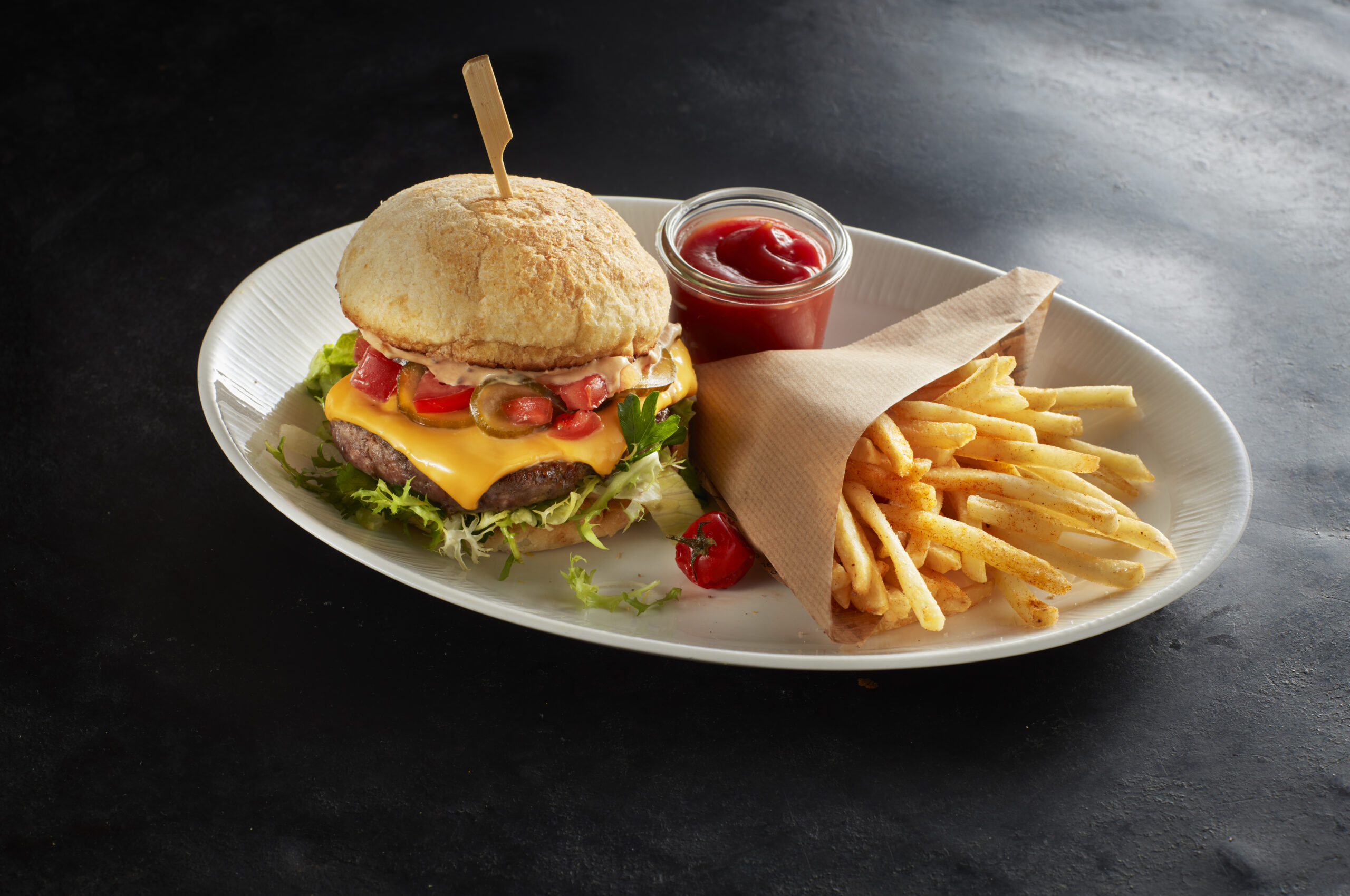 Kangaroo cheeseburger with fries