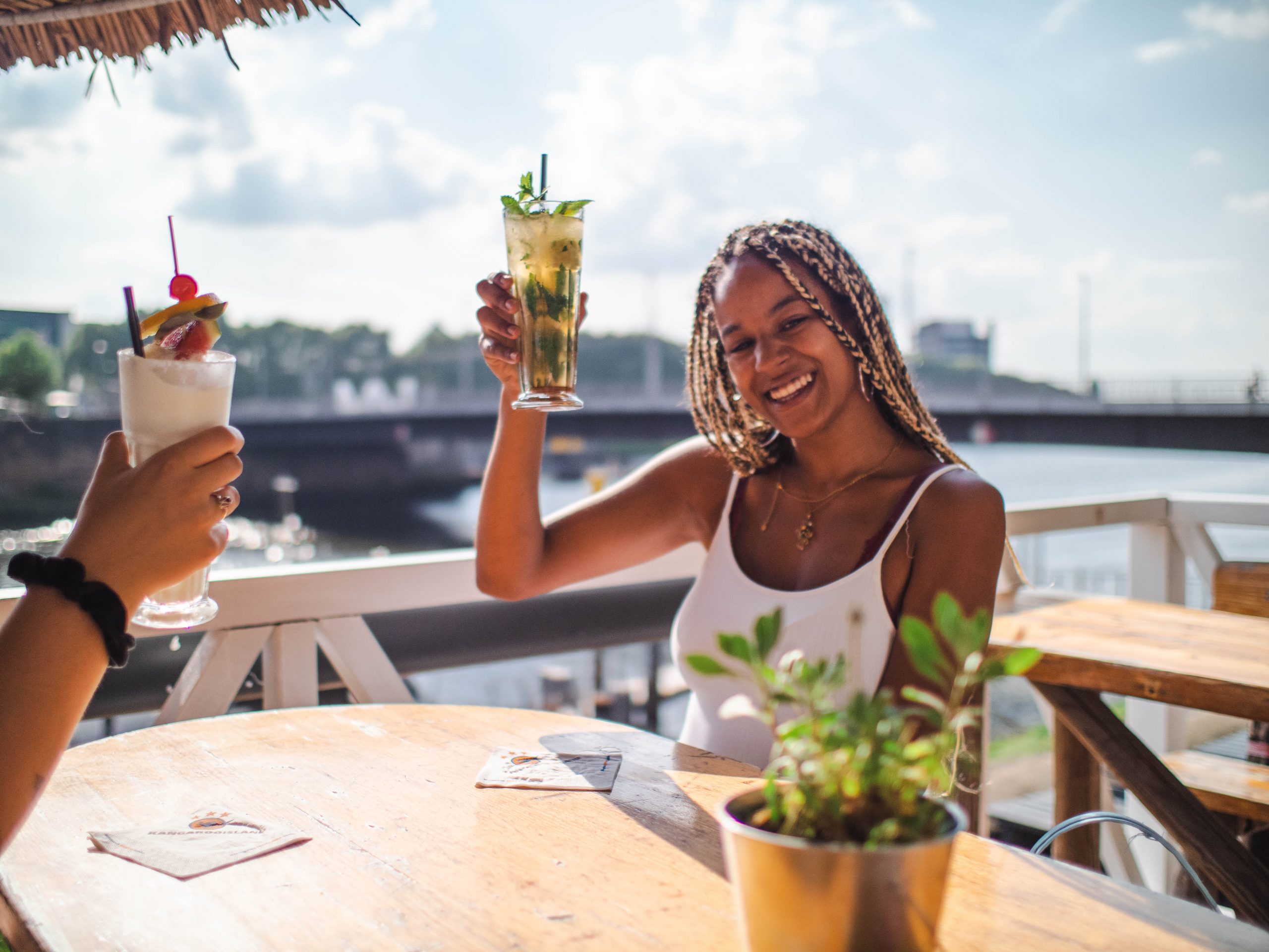 Guests toasting with cocktails on the terrace