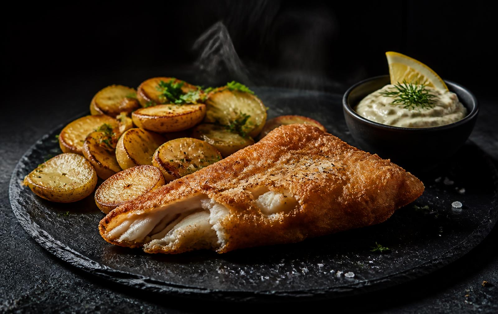 Battered fish with fried potatoes and remoulade